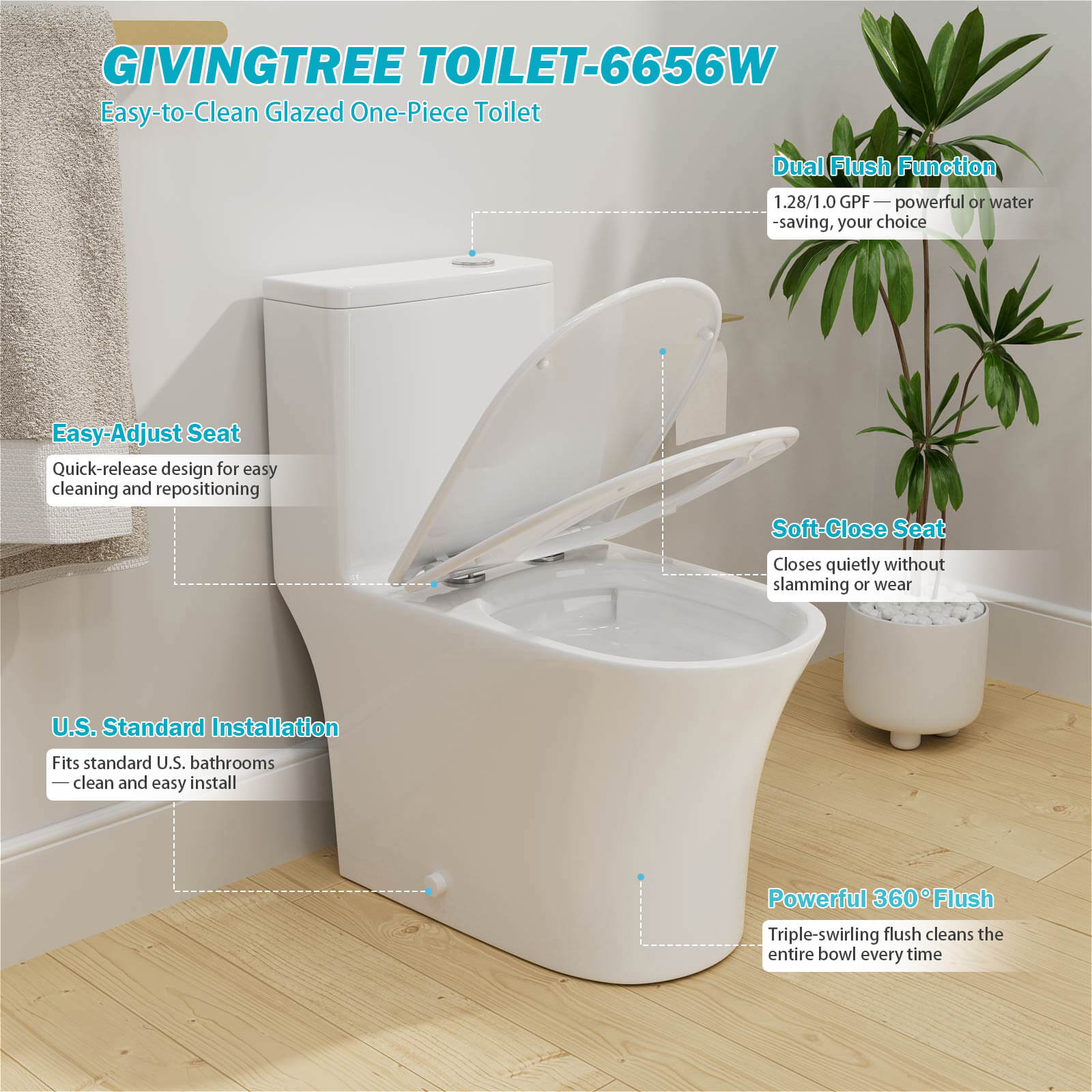 1.0/1.28 GPF Dual Flush EPA WaterSense Toilet – Save Water 20% - Image 7