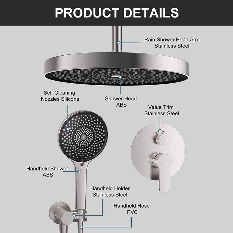 12" Ceiling Mount Round Shower Systems with Head Shower & Hand Shower Combo Set - Image 26