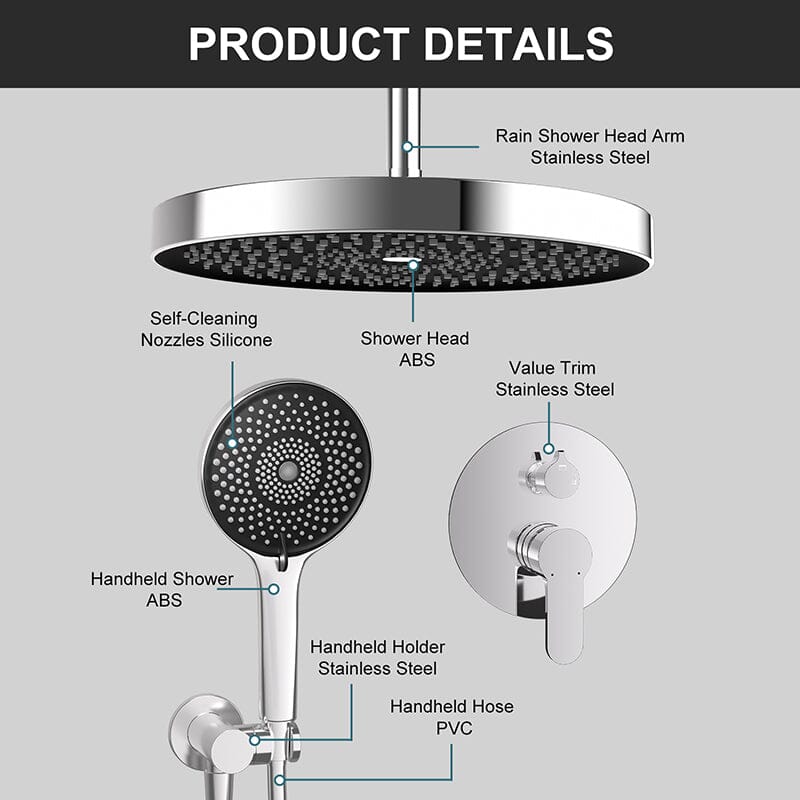 12" Ceiling Mount Round Shower Systems with Head Shower & Hand Shower Combo Set - Image 4