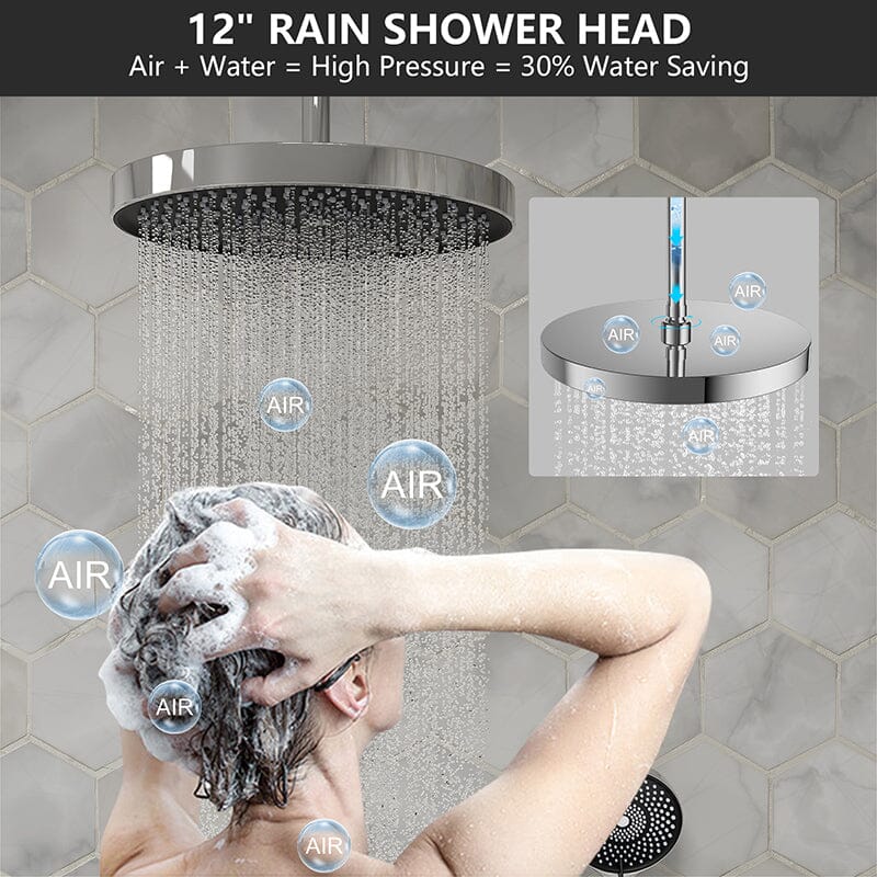 12" Ceiling Mount Round Shower Systems with Head Shower & Hand Shower Combo Set - Image 5