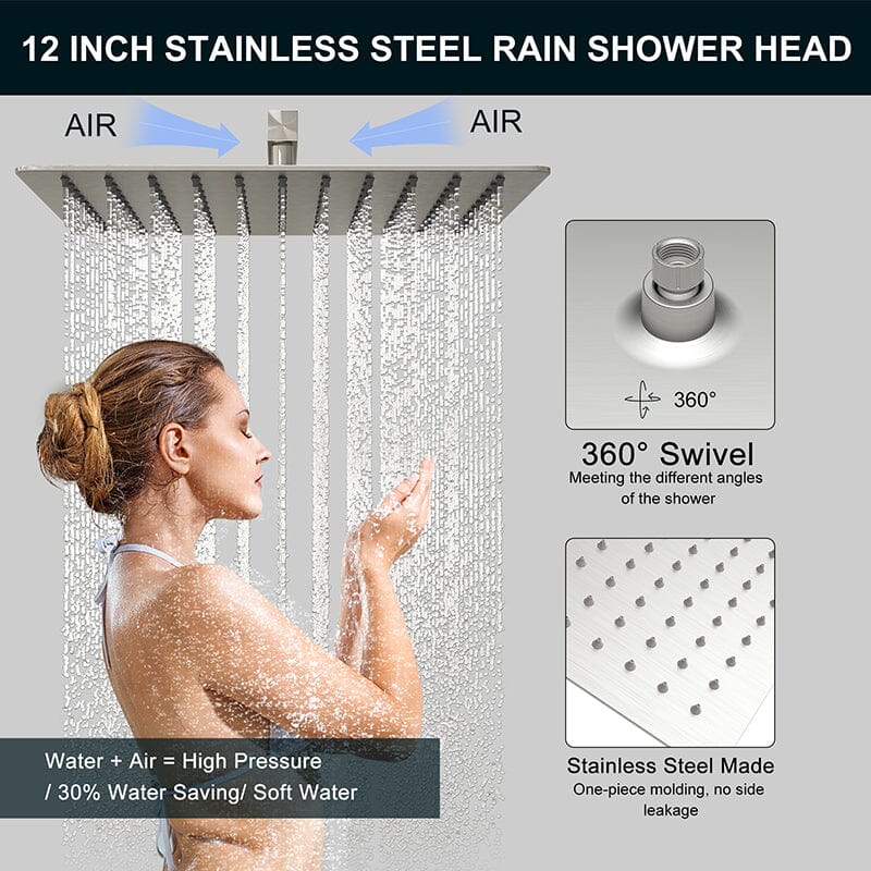 Giving Tree 12" Wall Mount Square Shower Systems with Head Shower & Hand Shower Combo Set - Image 14
