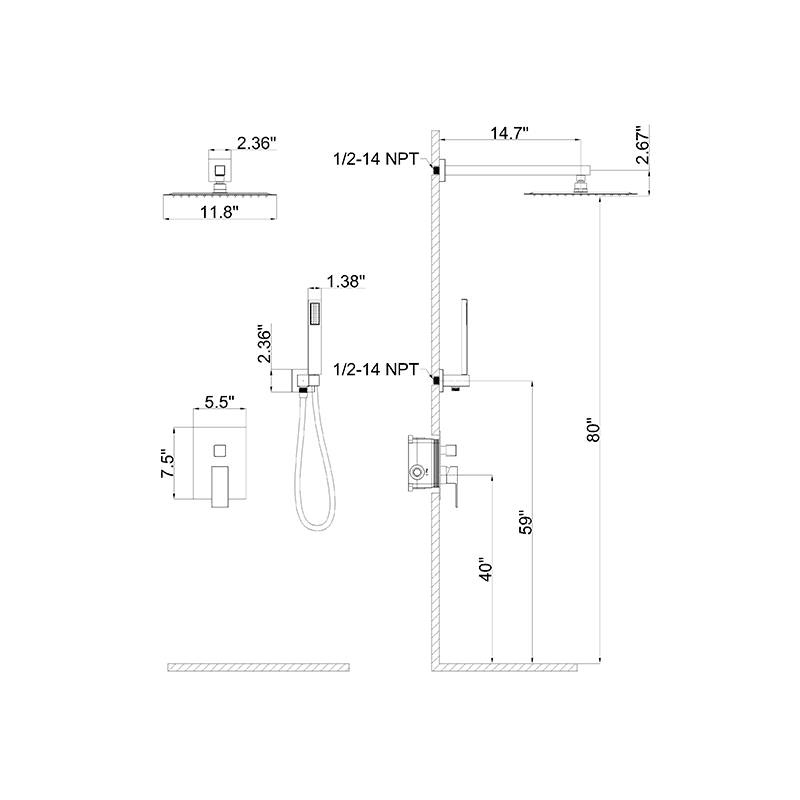 Giving Tree 12" Wall Mount Square Shower Systems with Head Shower & Hand Shower Combo Set - Image 20
