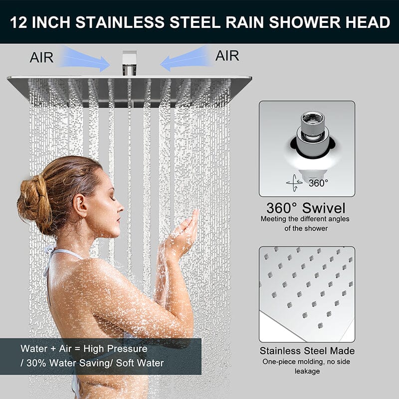Giving Tree 12" Wall Mount Square Shower Systems with Head Shower & Hand Shower Combo Set - Image 24