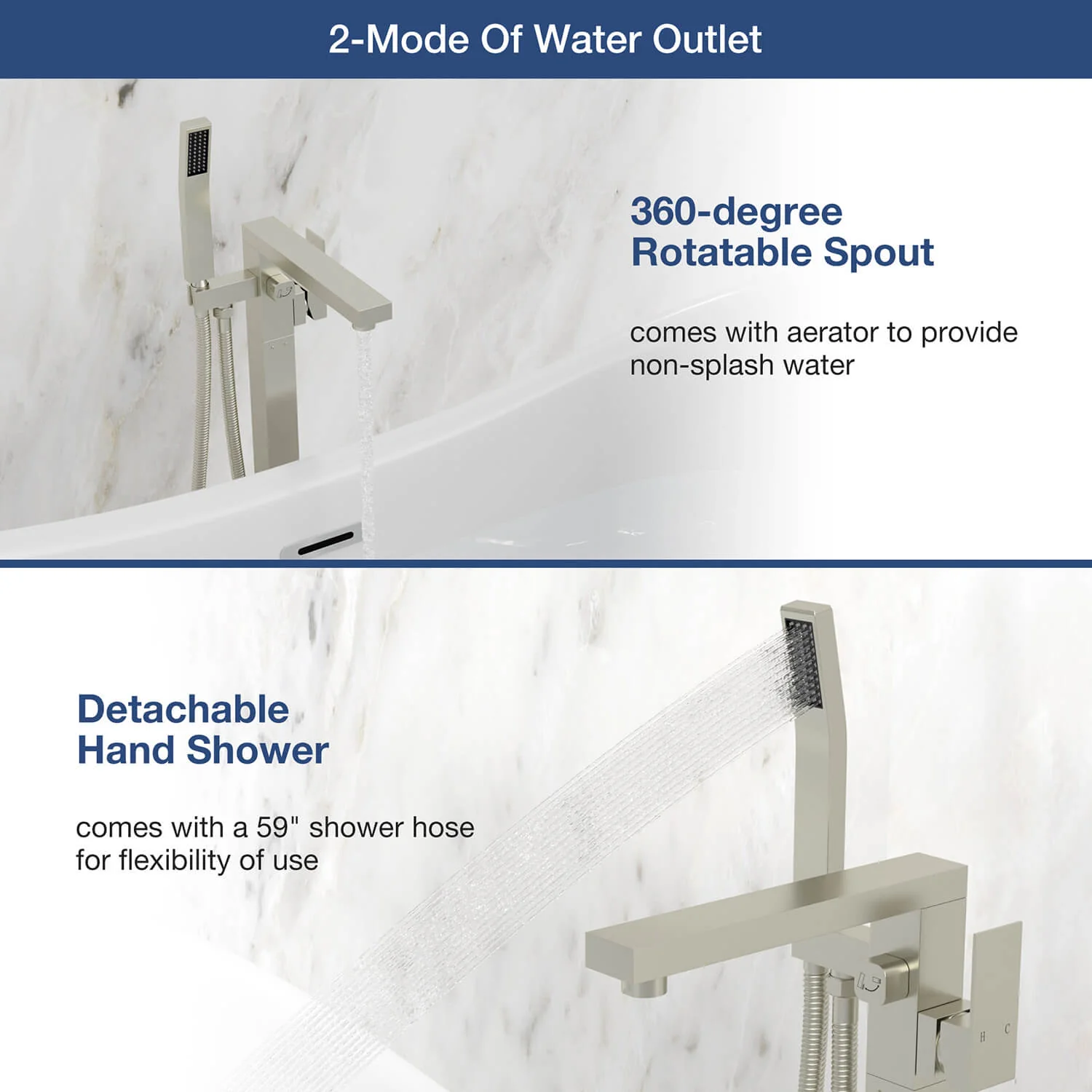 360° Rotation Freestanding Tub Filler Faucet with Hand Shower, Brushed Nickel & Brushed Gold - Image 4