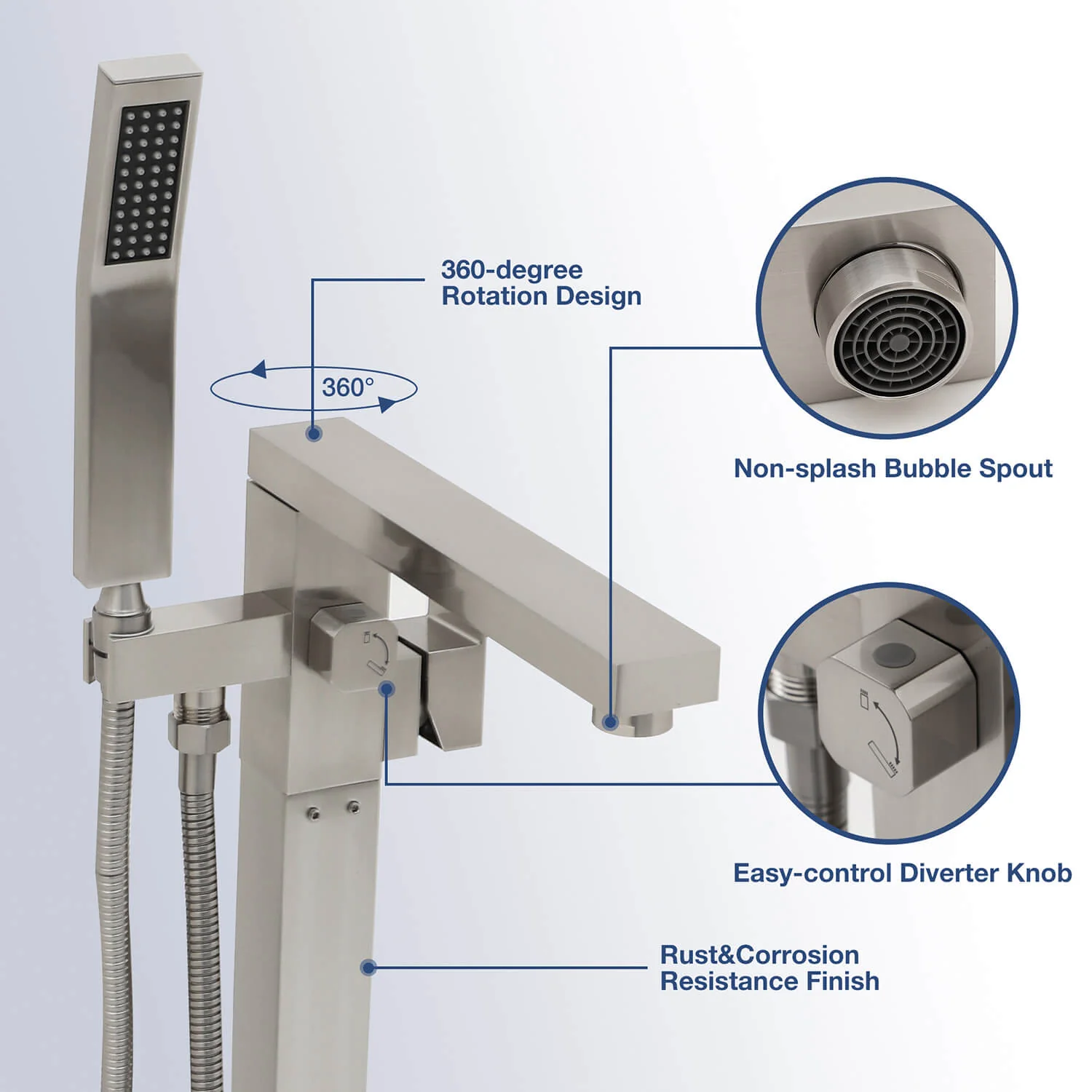 360° Rotation Freestanding Tub Filler Faucet with Hand Shower, Brushed Nickel & Brushed Gold - Image 5