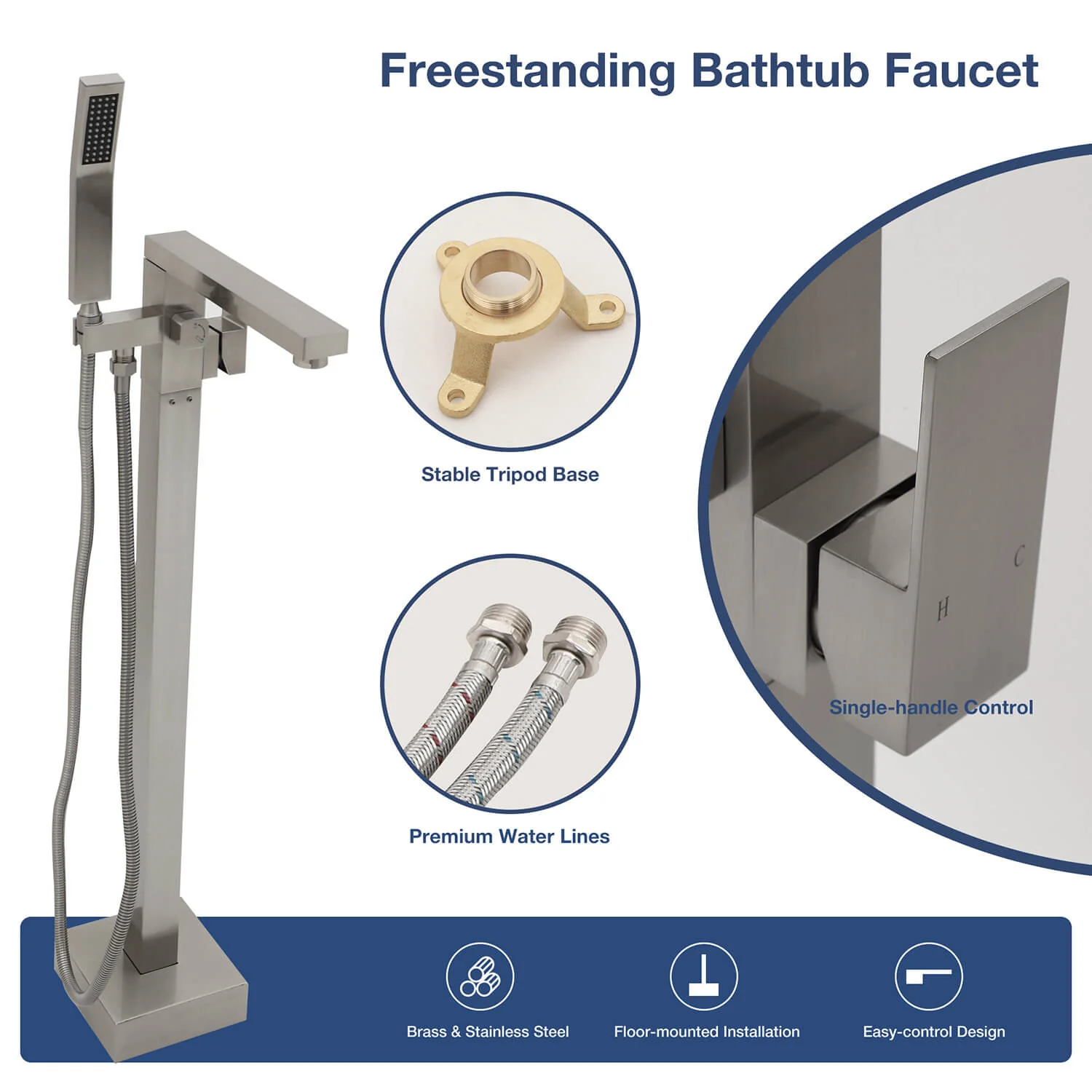 360° Rotation Freestanding Tub Filler Faucet with Hand Shower, Brushed Nickel & Brushed Gold - Image 6