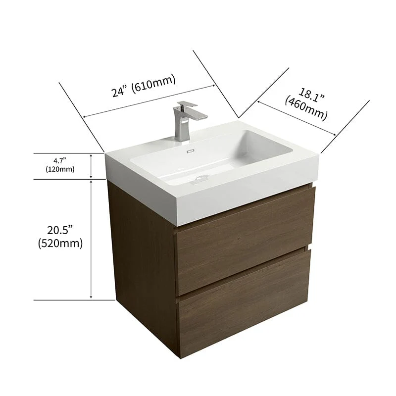 24'' Dark Oak Bathroom Vanity with Sink Wall Mounted One-Piece Sink Cabinet - Image 8