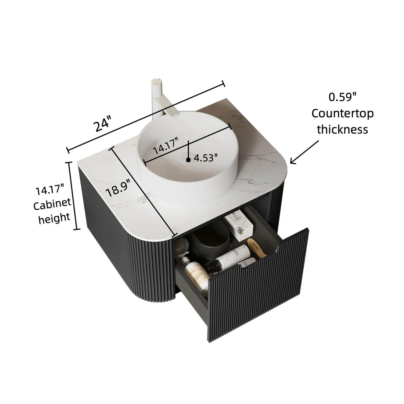 24" Black Floating Vanity with Vessel Sink and Pre-Drilled Faucet Hole - Image 3