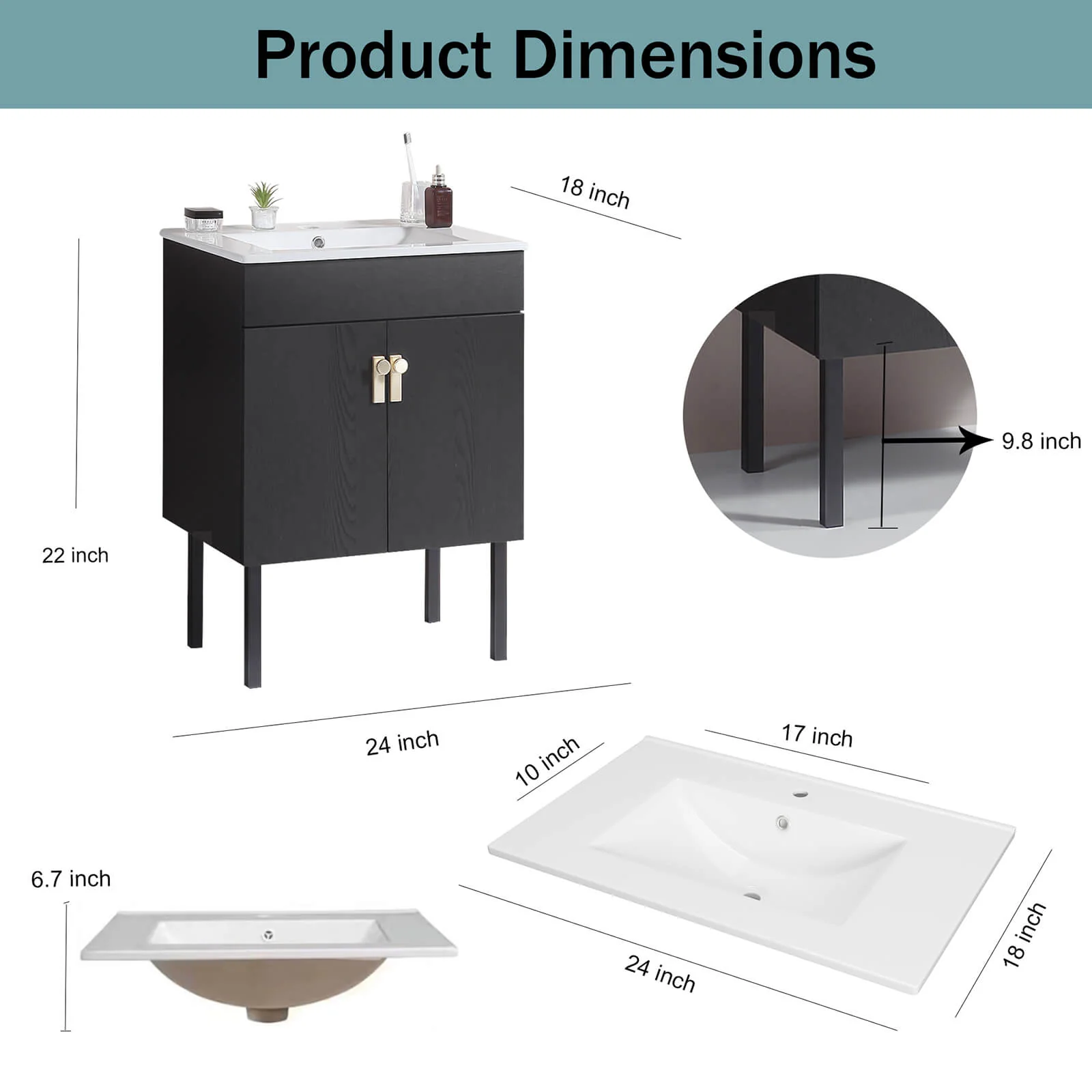 24" Black Freestanding Bathroom Vanity with Metal Legs - Image 10