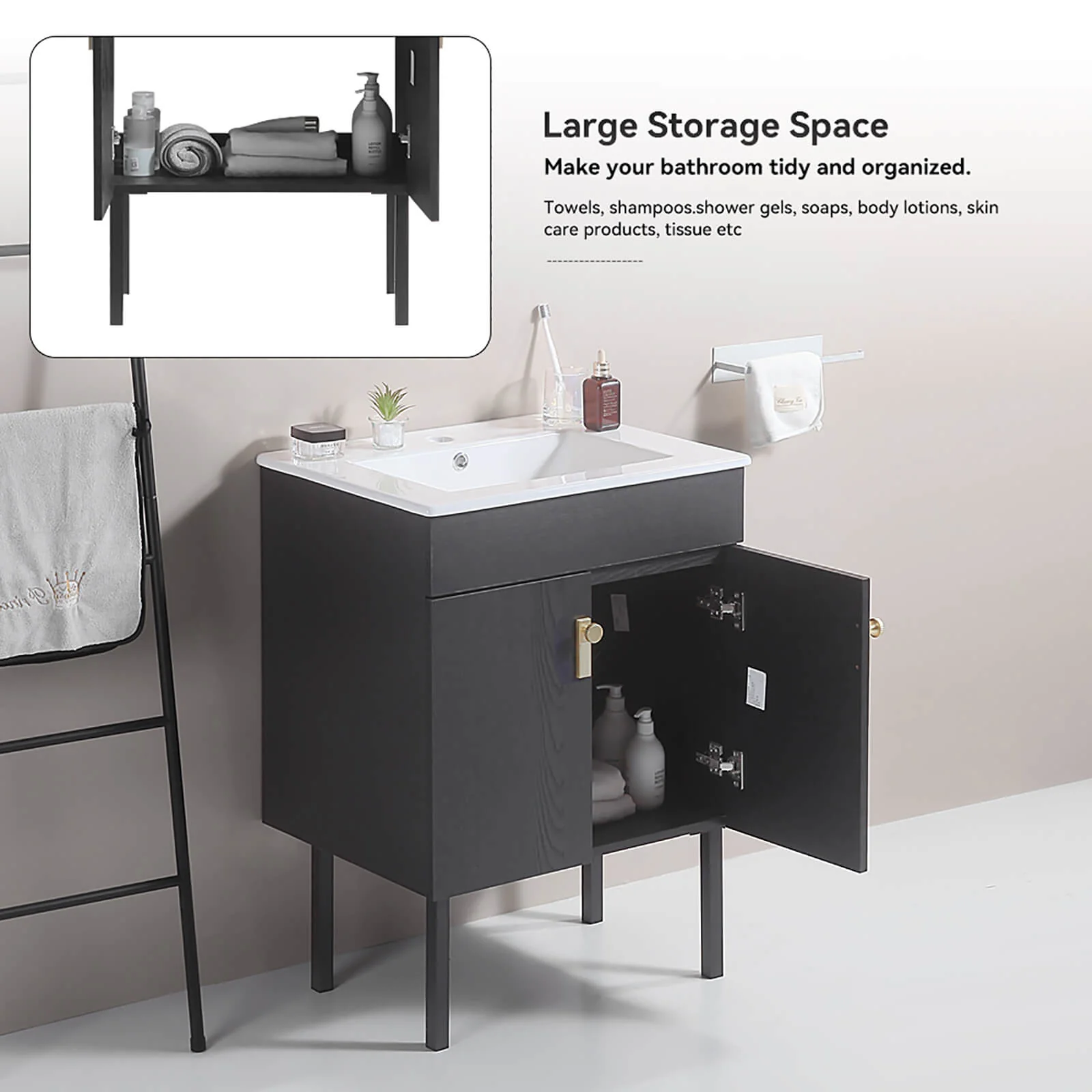 24" Black Freestanding Bathroom Vanity with Metal Legs - Image 5