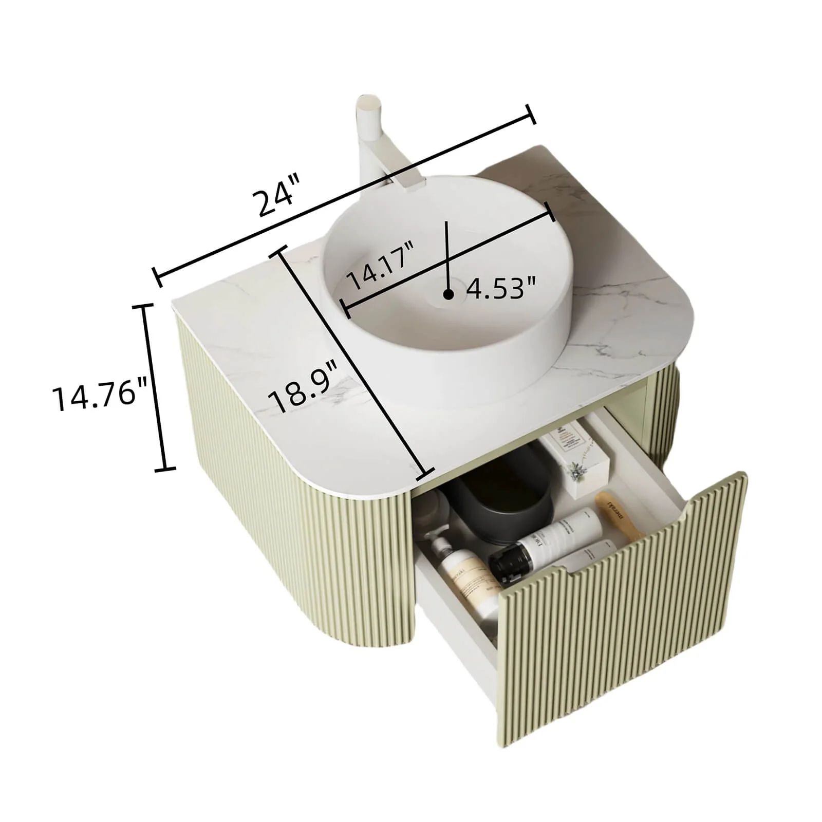 24" Green Floating Vanity with Vessel Sink and Pre-Drilled Faucet Hole - Image 3