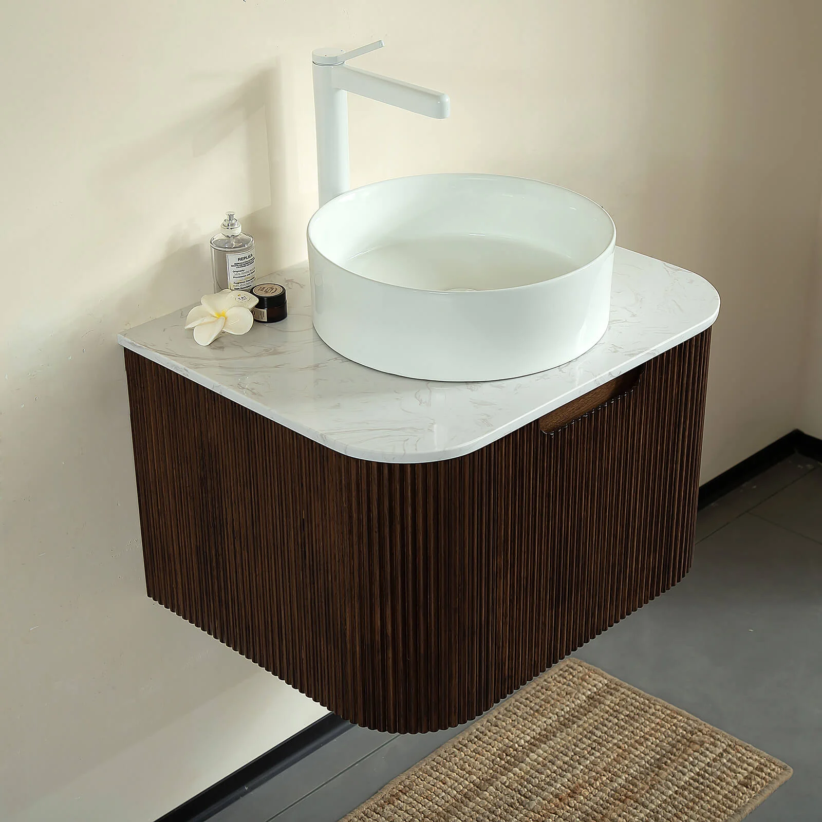 24" Walnut Floating Vanity with Vessel Sink and Pre-Drilled Faucet Hole - Image 3