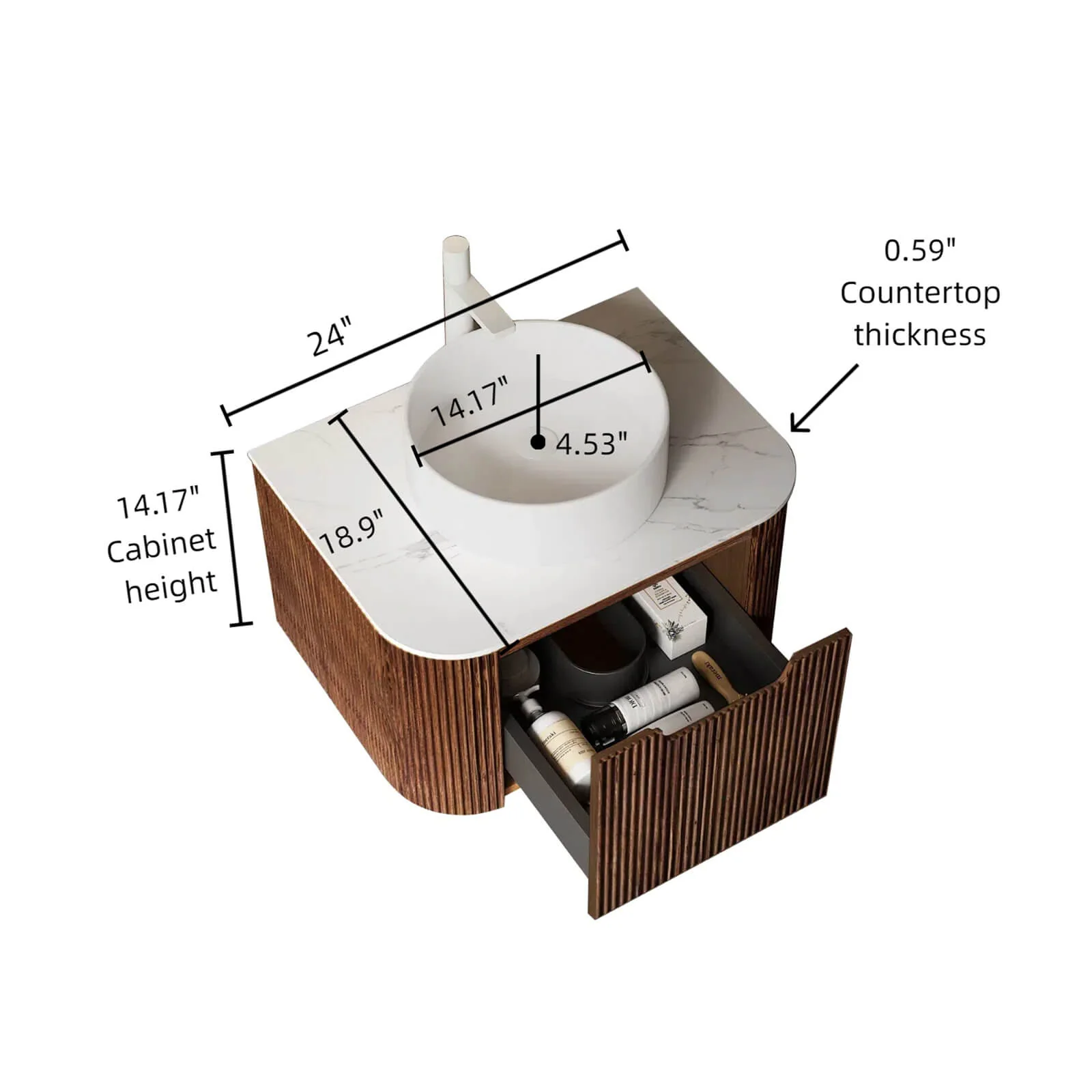 24" Walnut Floating Vanity with Vessel Sink and Pre-Drilled Faucet Hole - Image 6