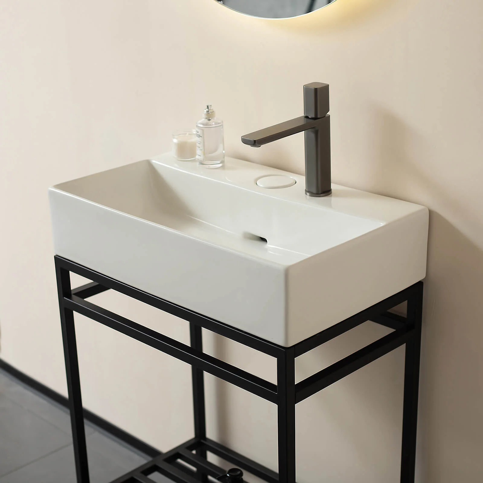 24" White Console Bathroom Sink with Black Metal Legs - Image 3