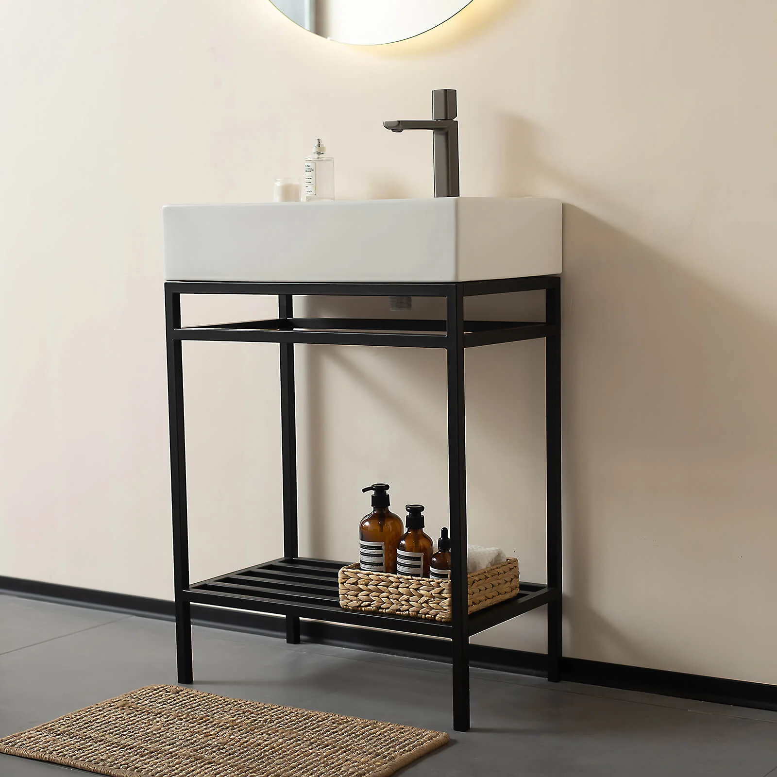 24" White Console Bathroom Sink with Black Metal Legs - Image 4