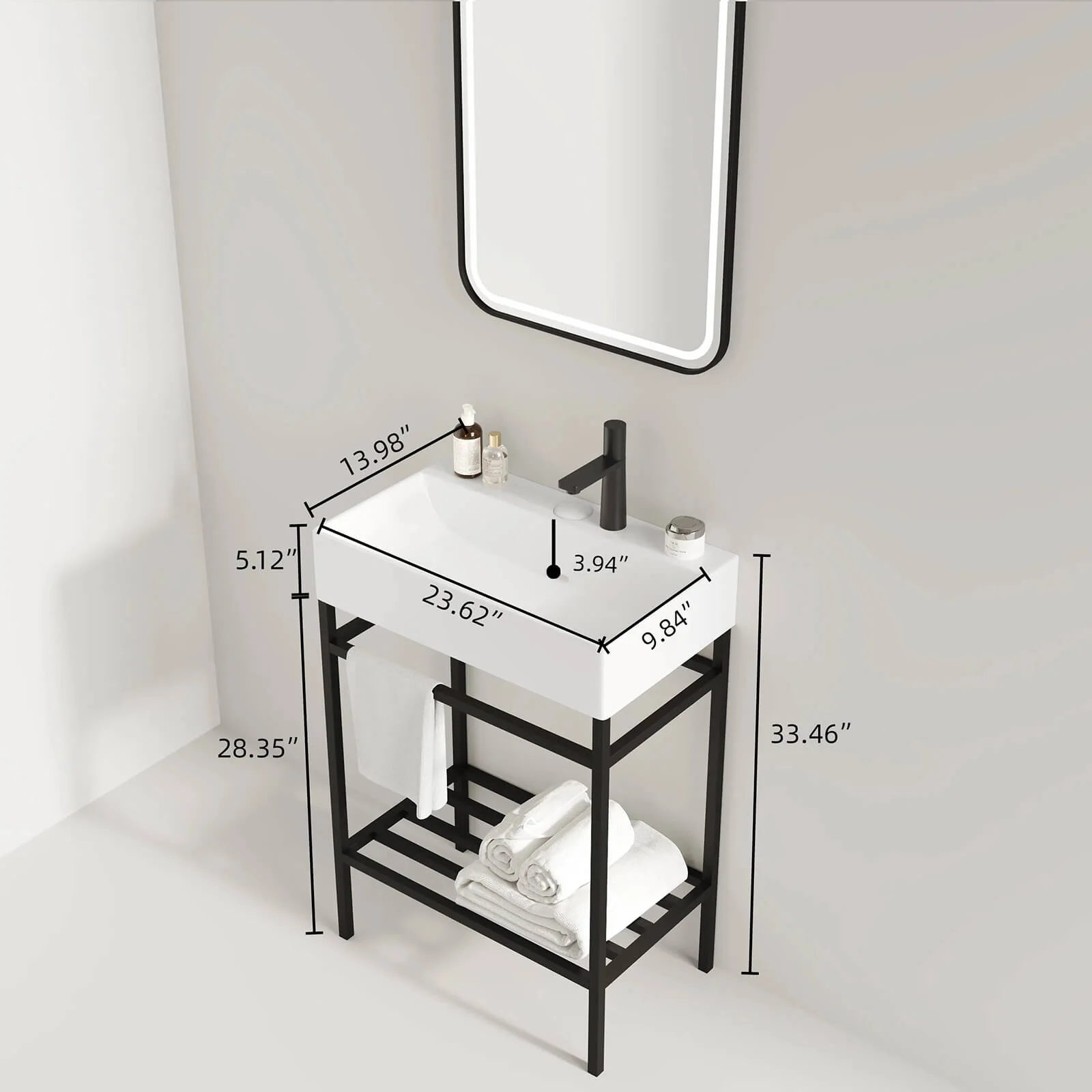 24" White Console Bathroom Sink with Black Metal Legs - Image 6