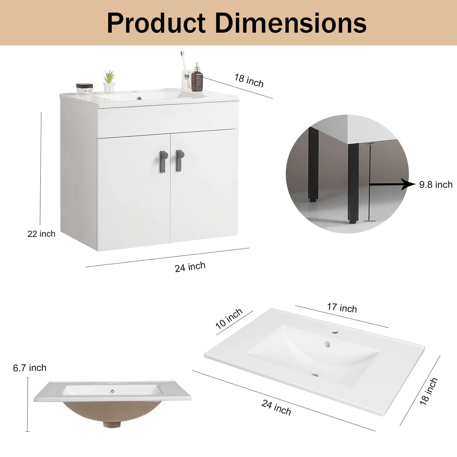24" White Freestanding Bathroom Vanity with Metal Legs - Image 8
