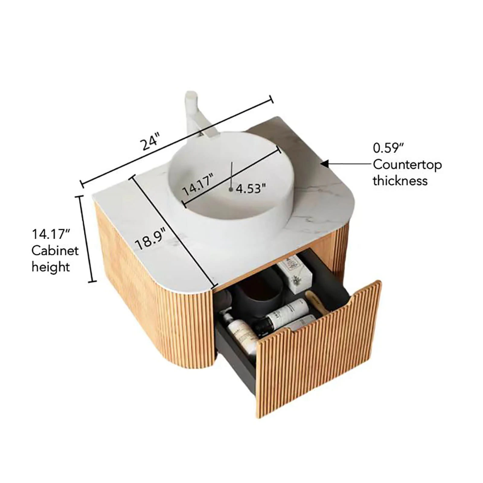 24" White Oak Floating Vanity with Vessel Sink and Pre-Drilled Faucet Hole - Image 3