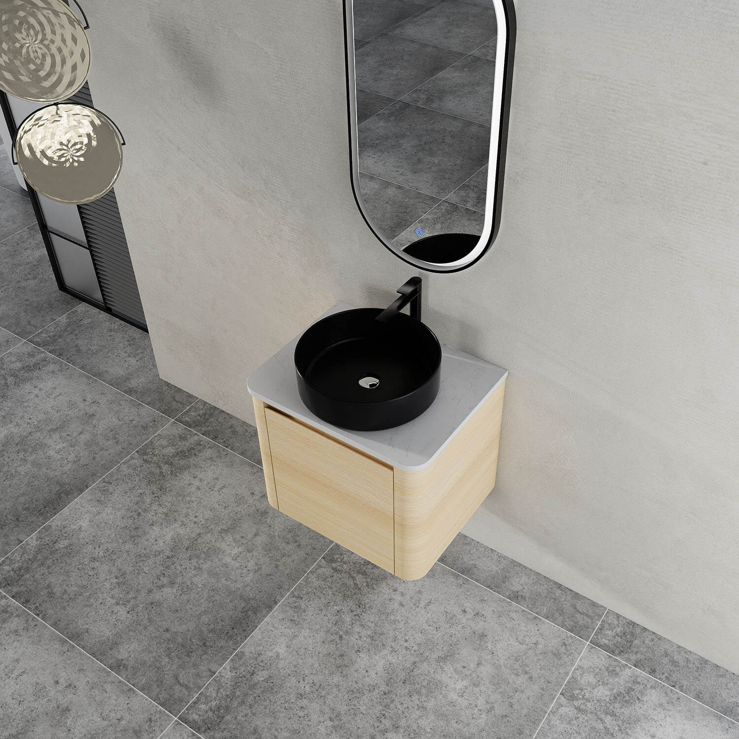 24" White Oak Bathroom Vanity with Black Ceramic Vessel Sink - Image 3