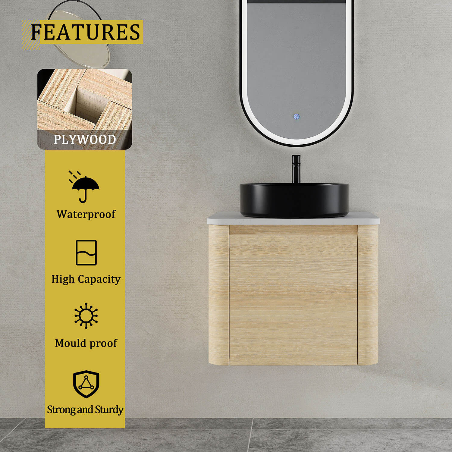 24" White Oak Bathroom Vanity with Black Ceramic Vessel Sink - Image 9