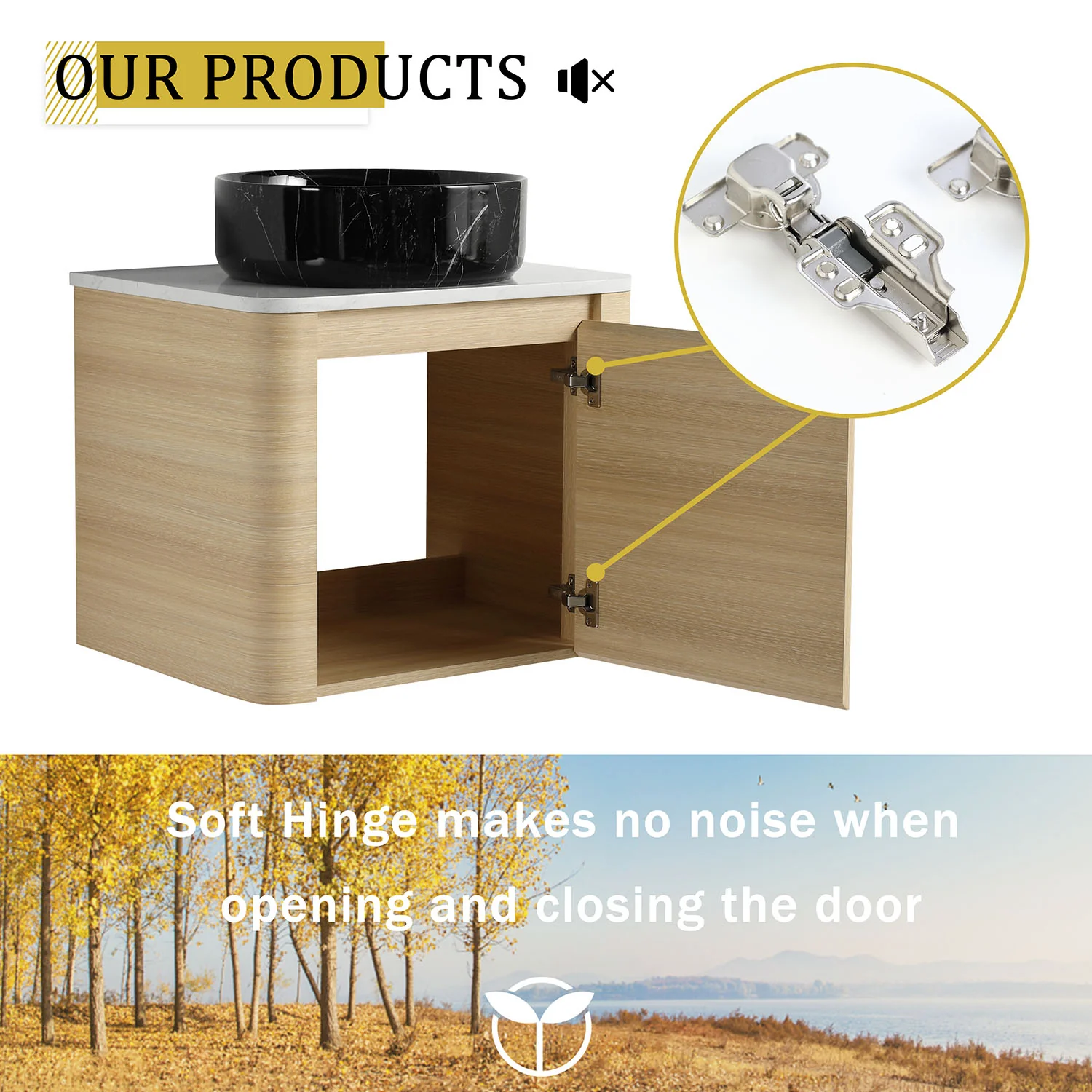 24" White Oak Bathroom Vanity with Black Marble Texture Ceramic Vessel Sink - Image 10