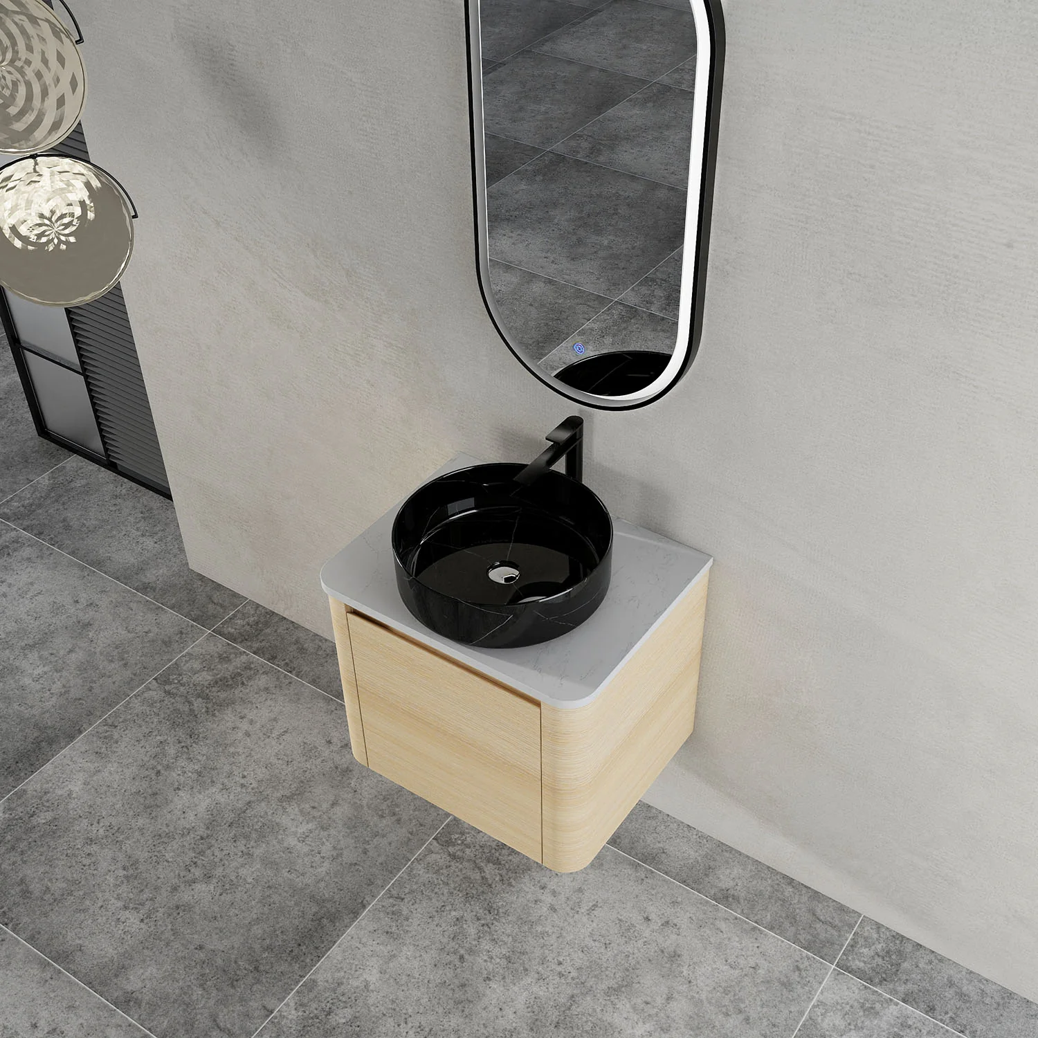 24" White Oak Bathroom Vanity with Black Marble Texture Ceramic Vessel Sink - Image 3
