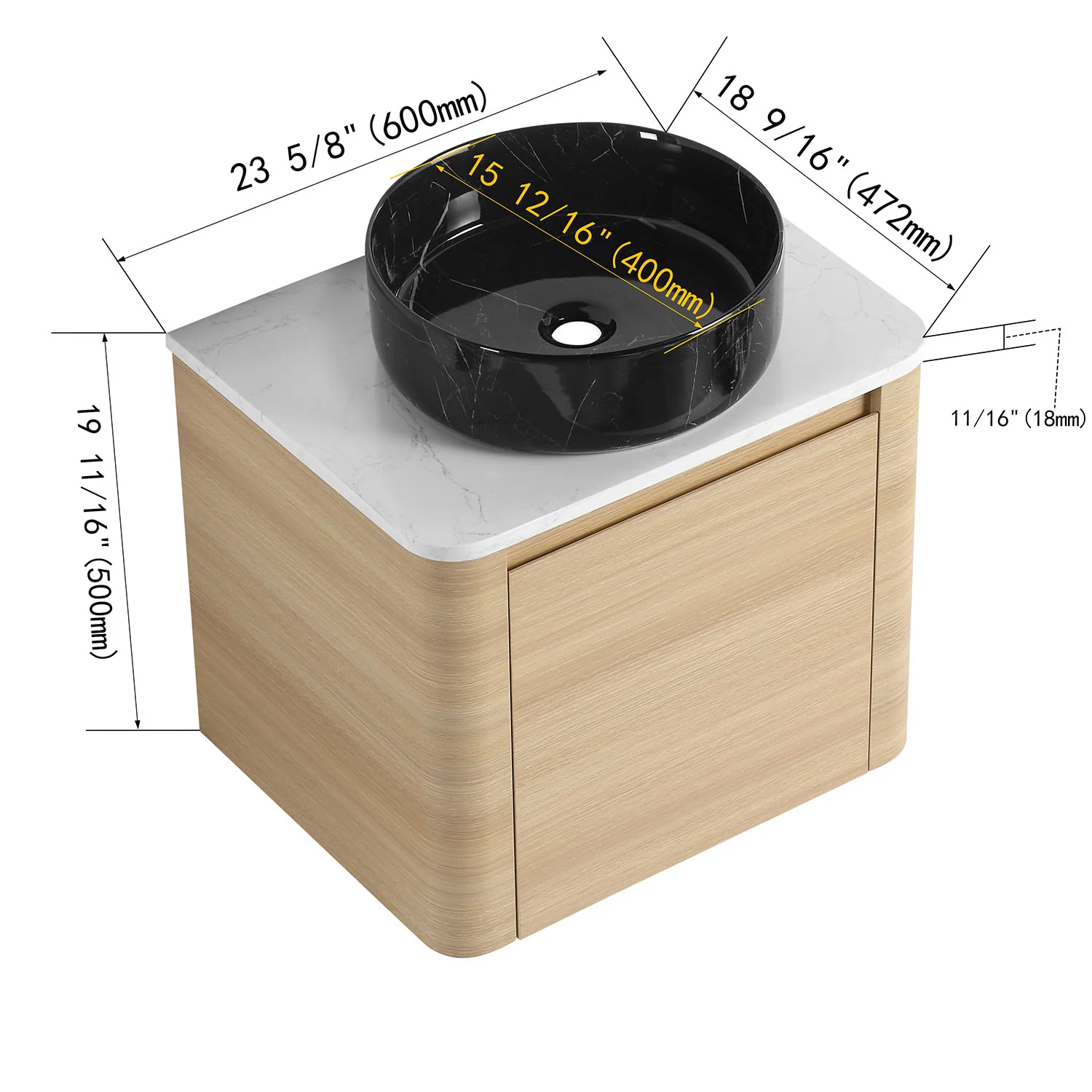 24" White Oak Bathroom Vanity with Black Marble Texture Ceramic Vessel Sink - Image 4