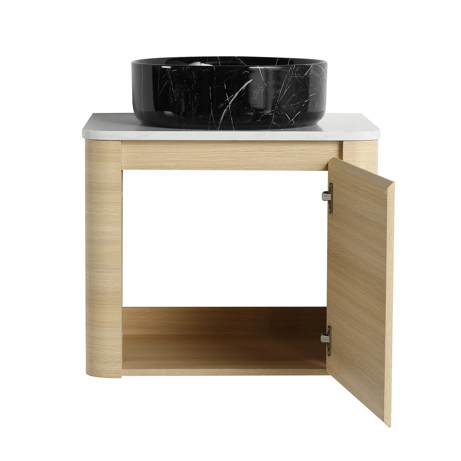 24" White Oak Bathroom Vanity with Black Marble Texture Ceramic Vessel Sink - Image 5