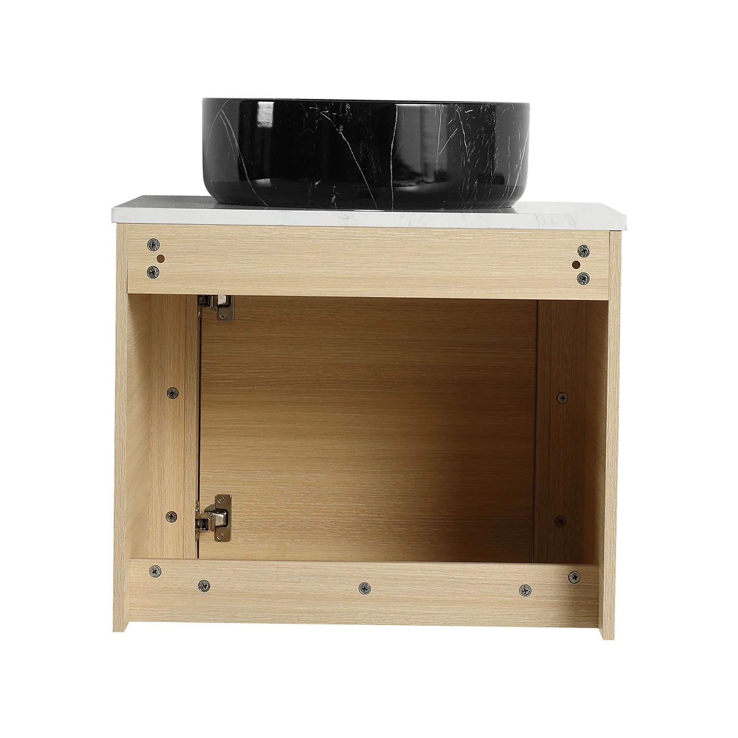 24" White Oak Bathroom Vanity with Black Marble Texture Ceramic Vessel Sink - Image 6