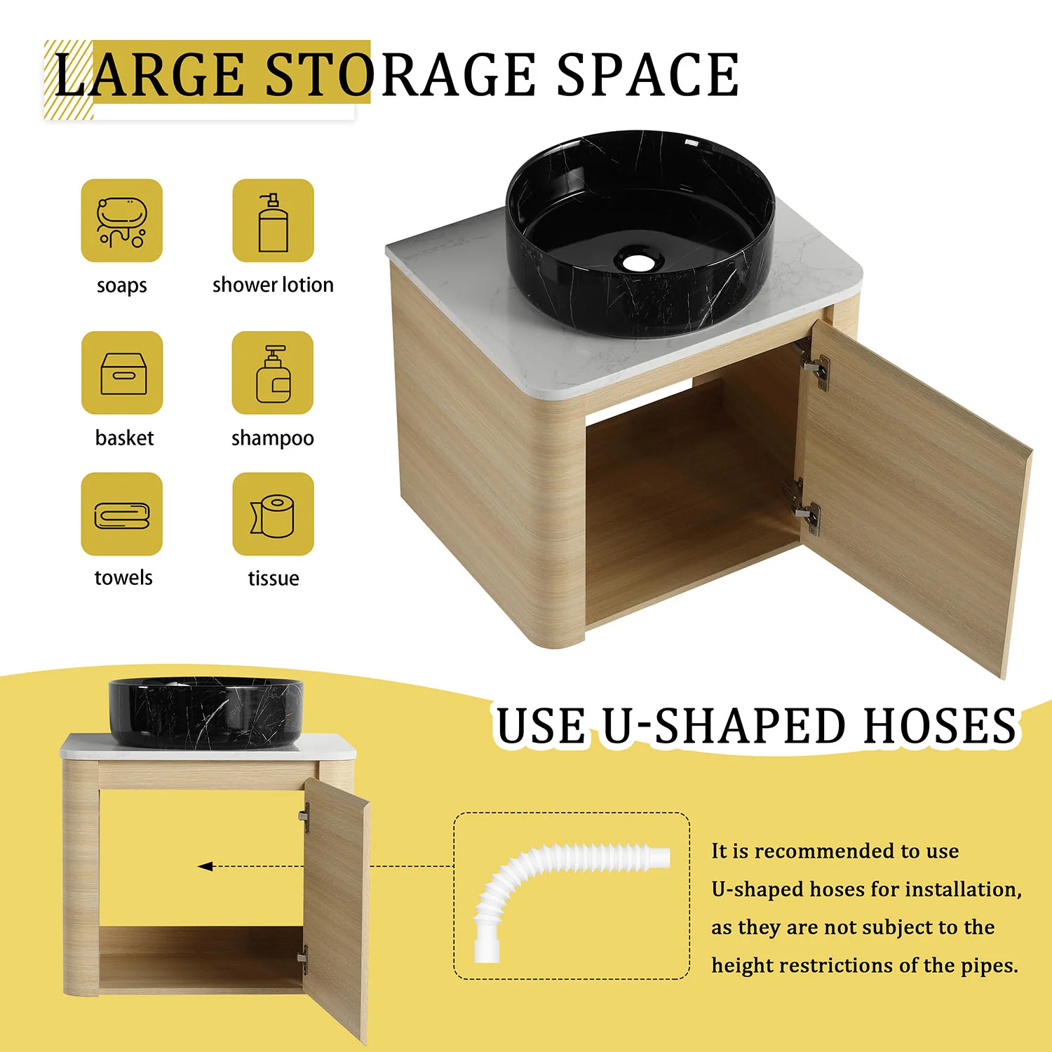 24" White Oak Bathroom Vanity with Black Marble Texture Ceramic Vessel Sink - Image 8