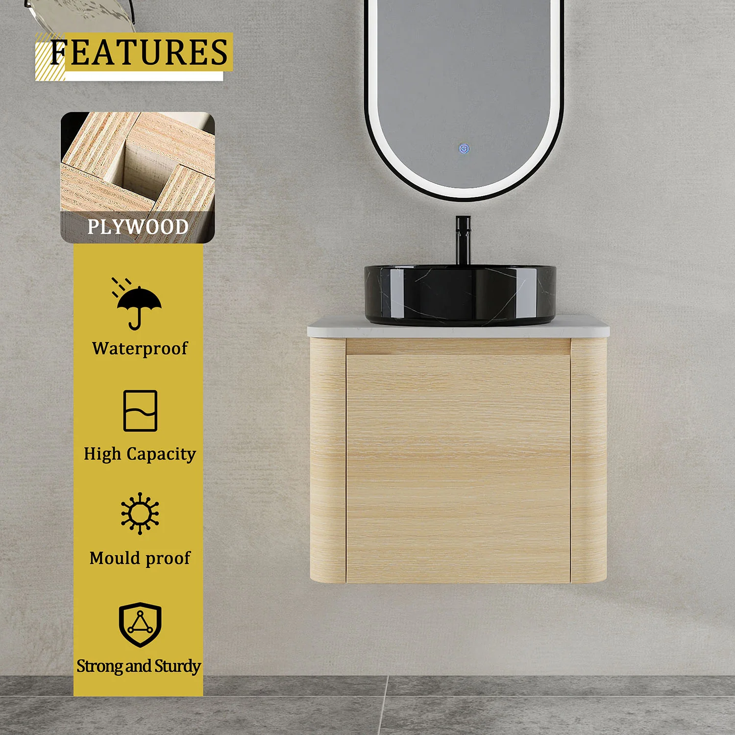 24" White Oak Bathroom Vanity with Black Marble Texture Ceramic Vessel Sink - Image 9