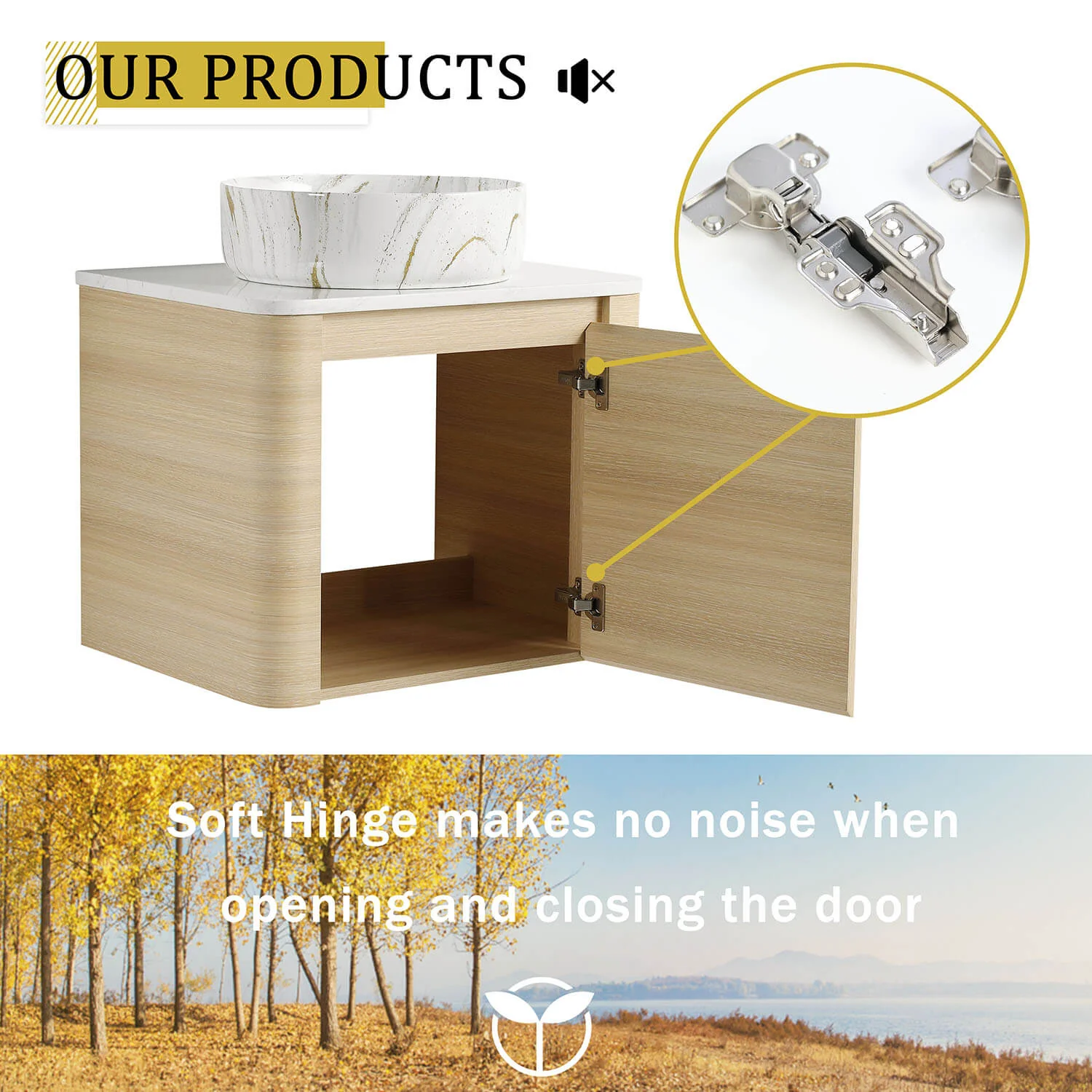 24" White Oak Bathroom Vanity with Golden Stone Pattern Ceramic Vessel Sink - Image 11