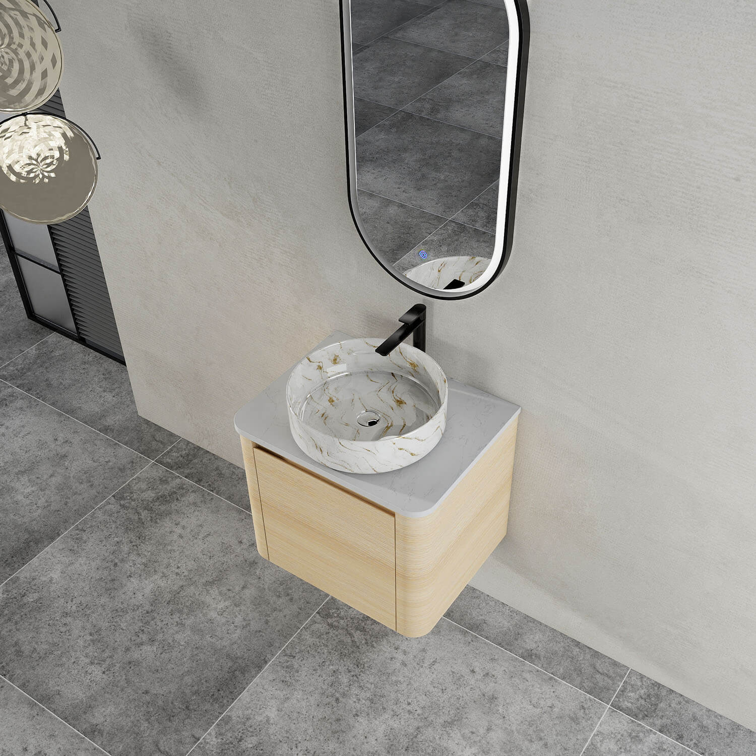 24" White Oak Bathroom Vanity with Golden Stone Pattern Ceramic Vessel Sink - Image 3