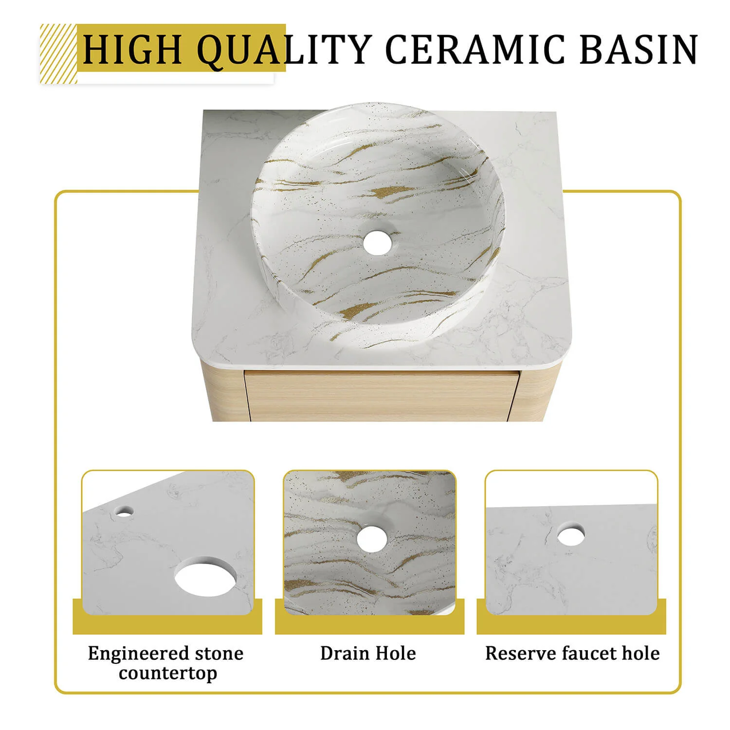 24" White Oak Bathroom Vanity with Golden Stone Pattern Ceramic Vessel Sink - Image 7