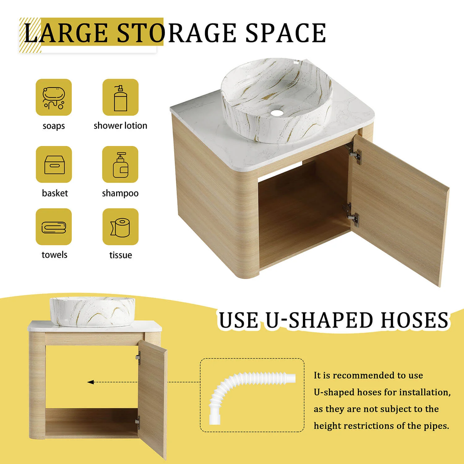 24" White Oak Bathroom Vanity with Golden Stone Pattern Ceramic Vessel Sink - Image 8