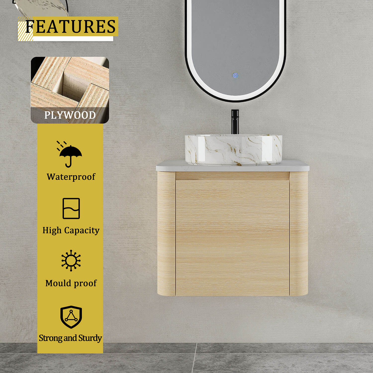 24" White Oak Bathroom Vanity with Golden Stone Pattern Ceramic Vessel Sink - Image 9