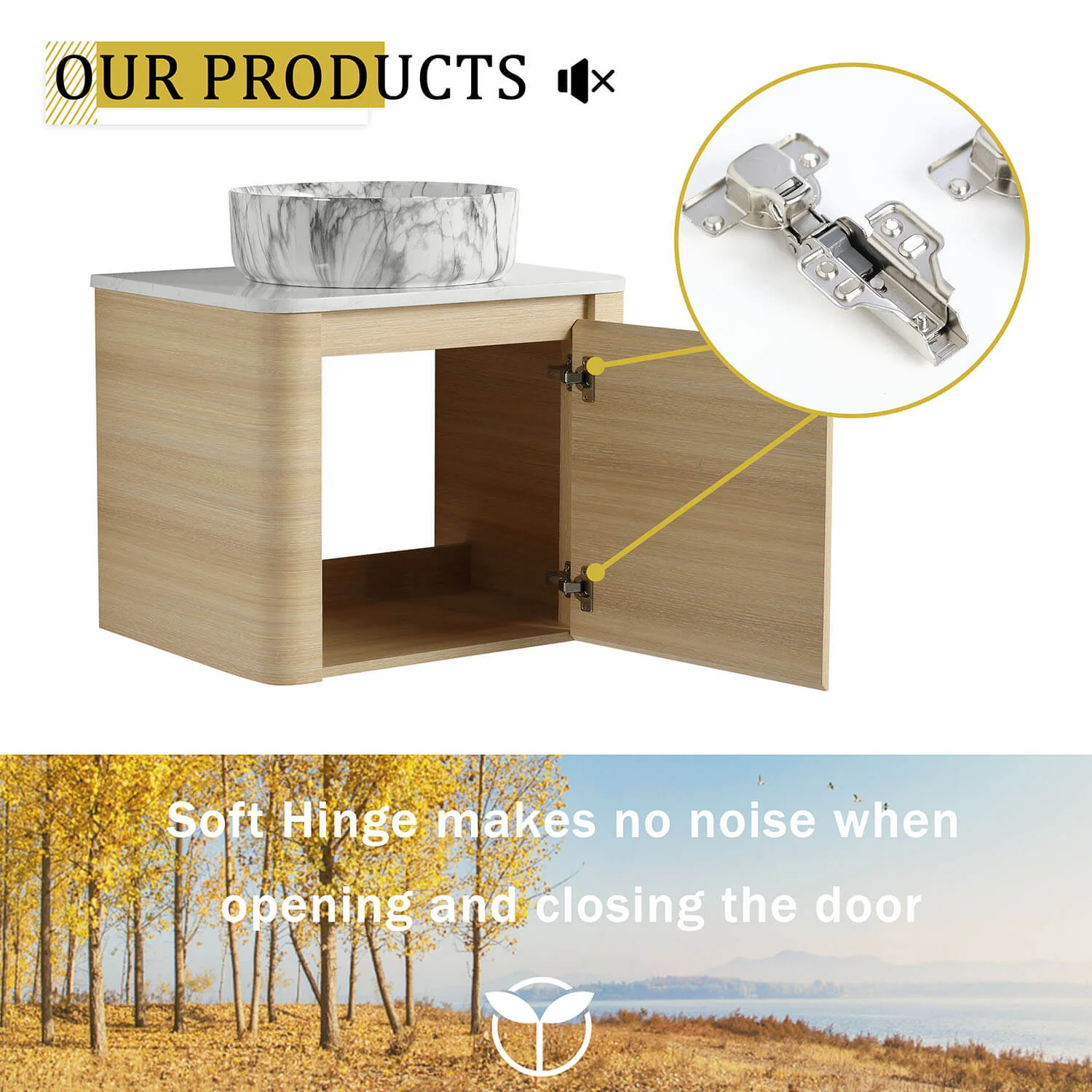 24" White Oak Bathroom Vanity with Marble Pattern Ceramic Vessel Sink - Image 10