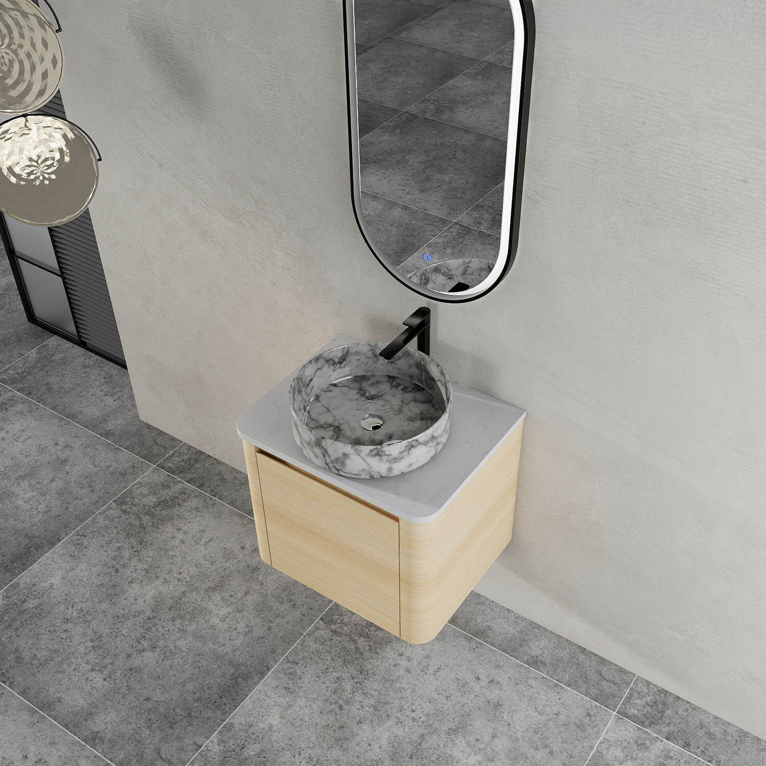 24" White Oak Bathroom Vanity with Marble Pattern Ceramic Vessel Sink - Image 3