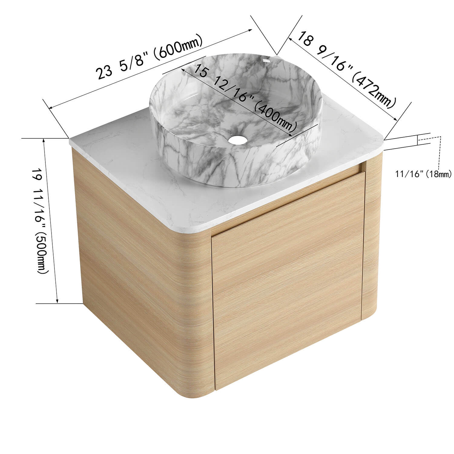 24" White Oak Bathroom Vanity with Marble Pattern Ceramic Vessel Sink - Image 4