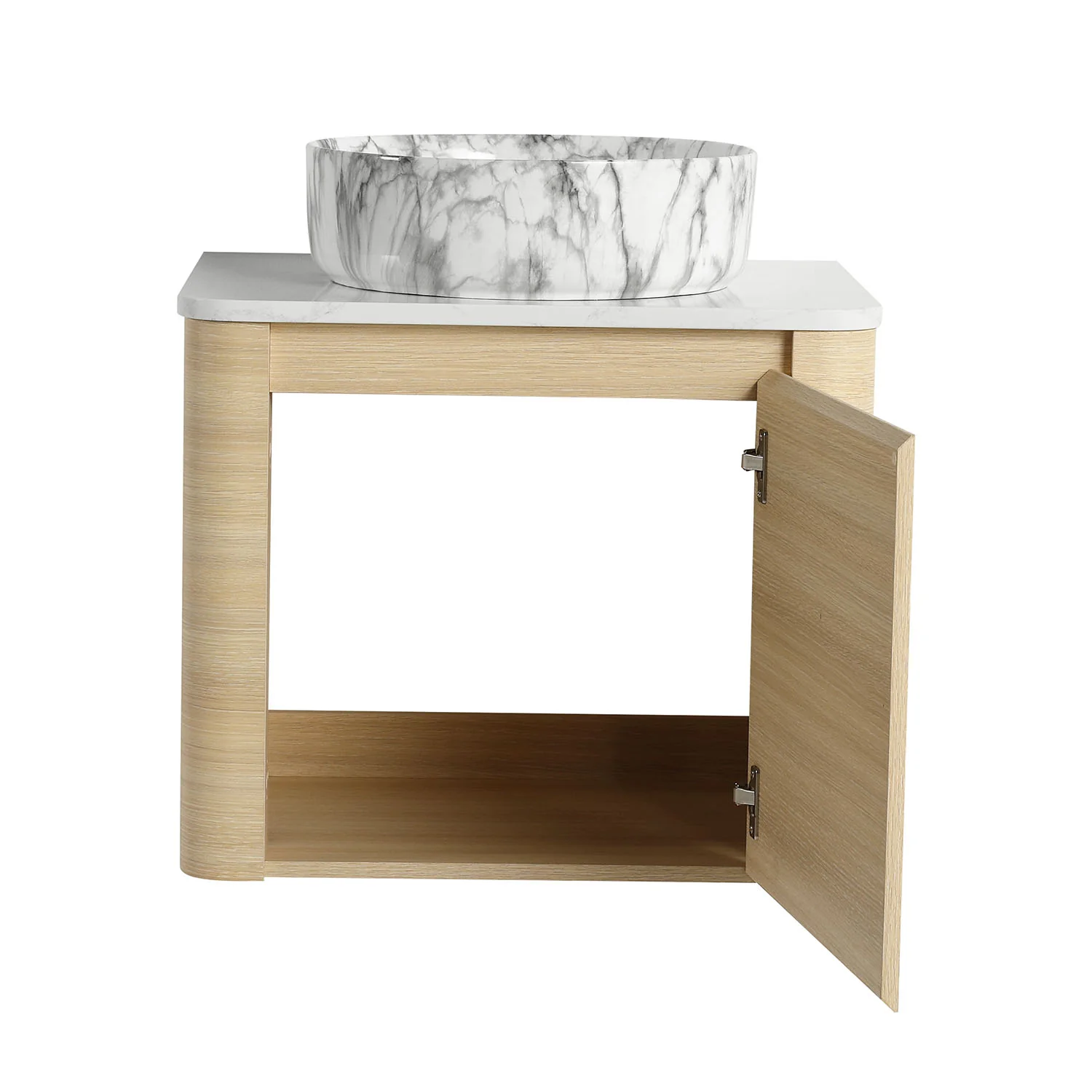 24" White Oak Bathroom Vanity with Marble Pattern Ceramic Vessel Sink - Image 5