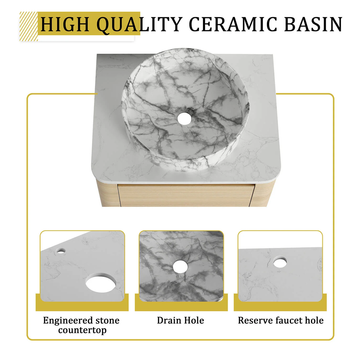 24" White Oak Bathroom Vanity with Marble Pattern Ceramic Vessel Sink - Image 7