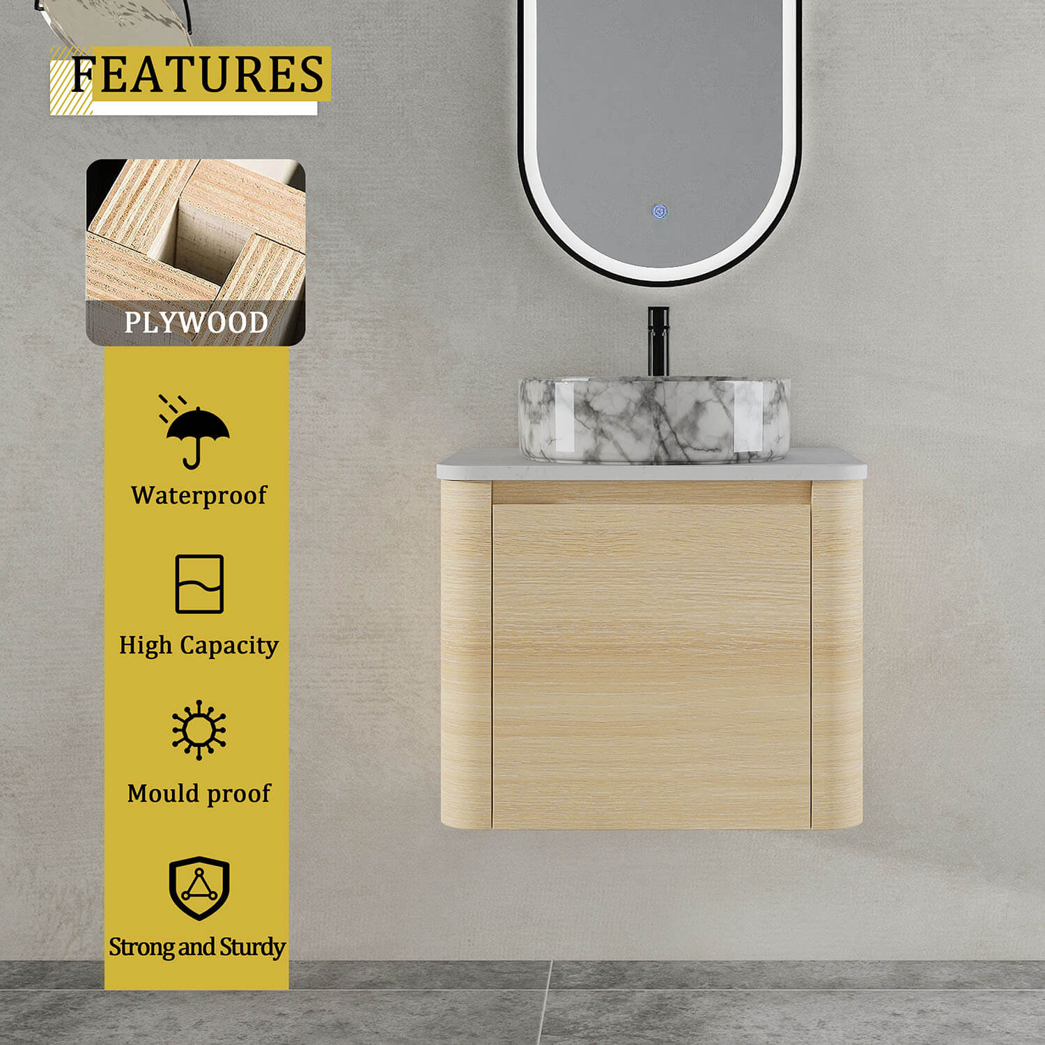 24" White Oak Bathroom Vanity with Marble Pattern Ceramic Vessel Sink - Image 9