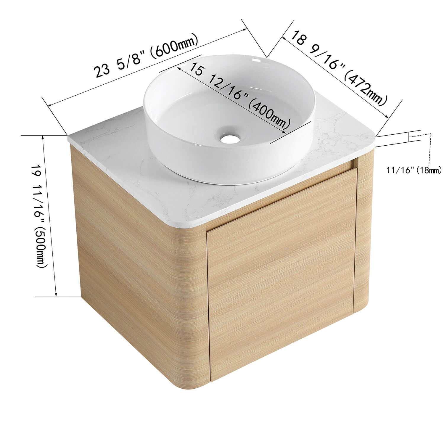 24" White Oak Bathroom Vanity with White Ceramic Vessel Sink - Image 4