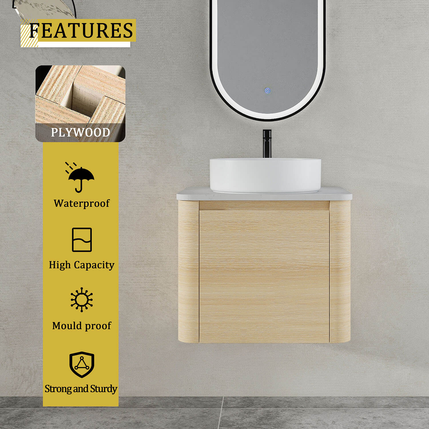 24" White Oak Bathroom Vanity with White Ceramic Vessel Sink - Image 8