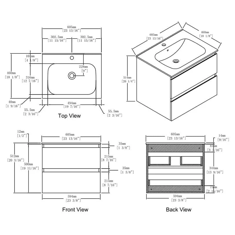 24'' Modern Floating Bathroom Vanity Single Ceramic Sink with Drawers - Image 34