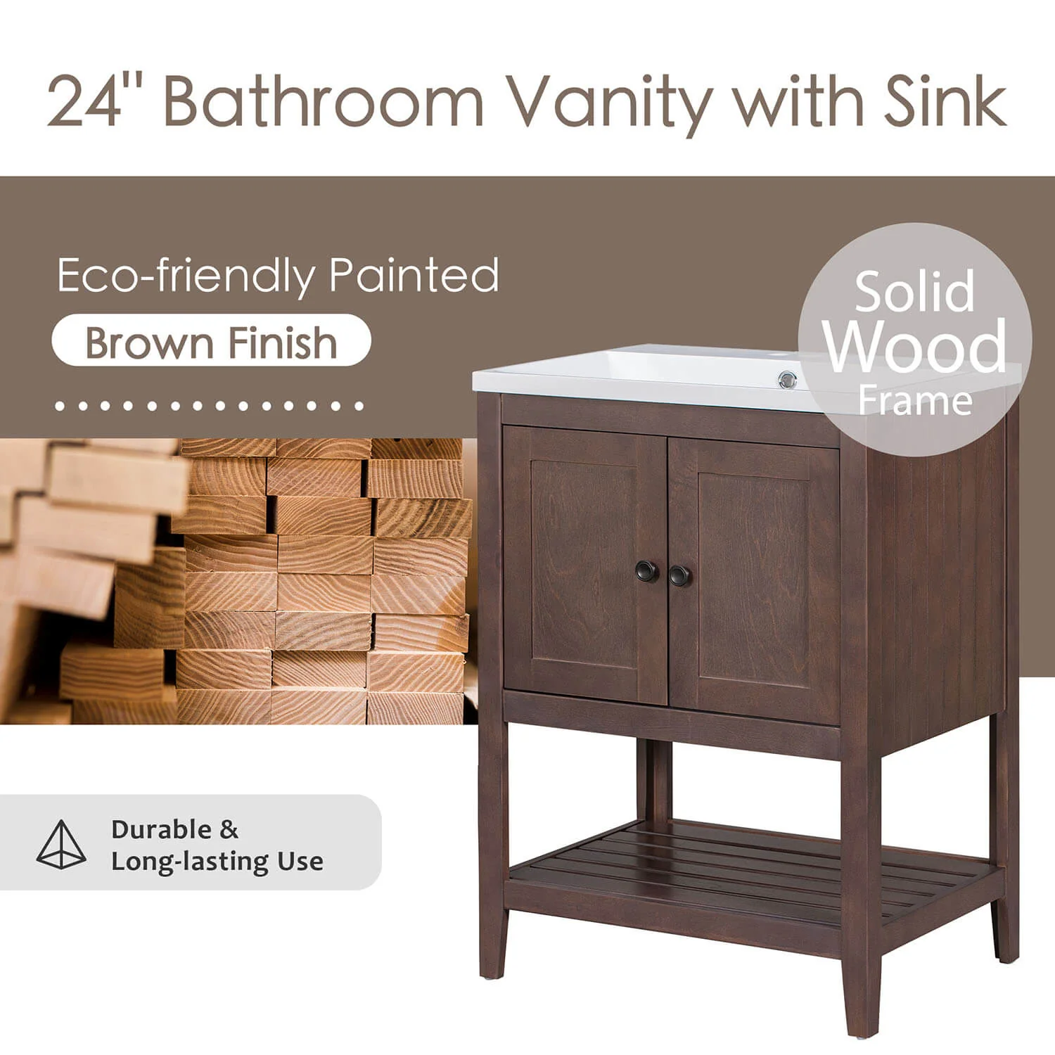 24" Modern Freestanding Bathroom Vanity with Open Style Shelf, Including Ceramic Sink - Image 13