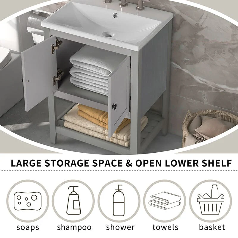 24" Modern Freestanding Bathroom Vanity with Open Style Shelf, Including Ceramic Sink - Image 22