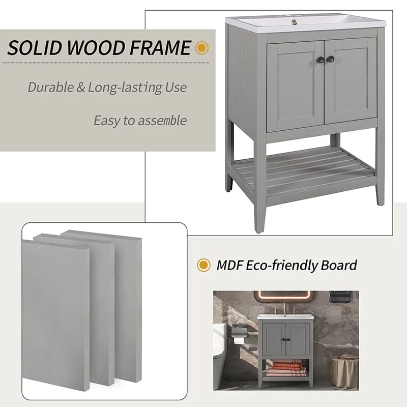 24" Modern Freestanding Bathroom Vanity with Open Style Shelf, Including Ceramic Sink - Image 23