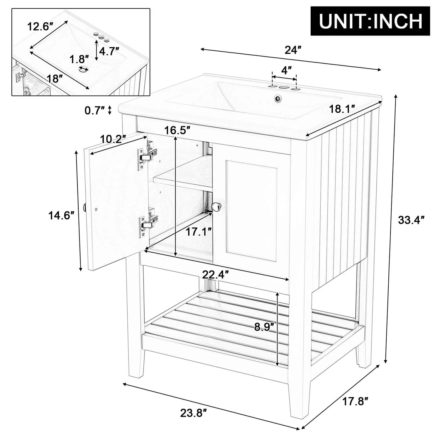24" Modern Freestanding Bathroom Vanity with Open Style Shelf, Including Ceramic Sink - Image 5