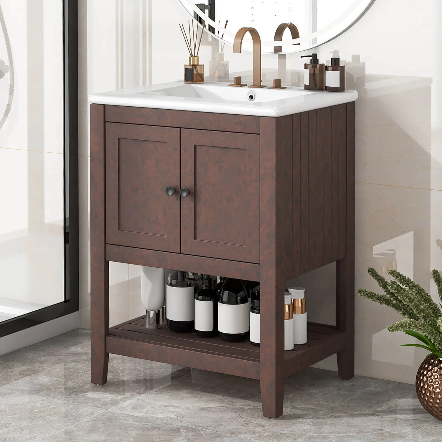 24" Modern Freestanding Bathroom Vanity with Open Style Shelf, Including Ceramic Sink - Image 9